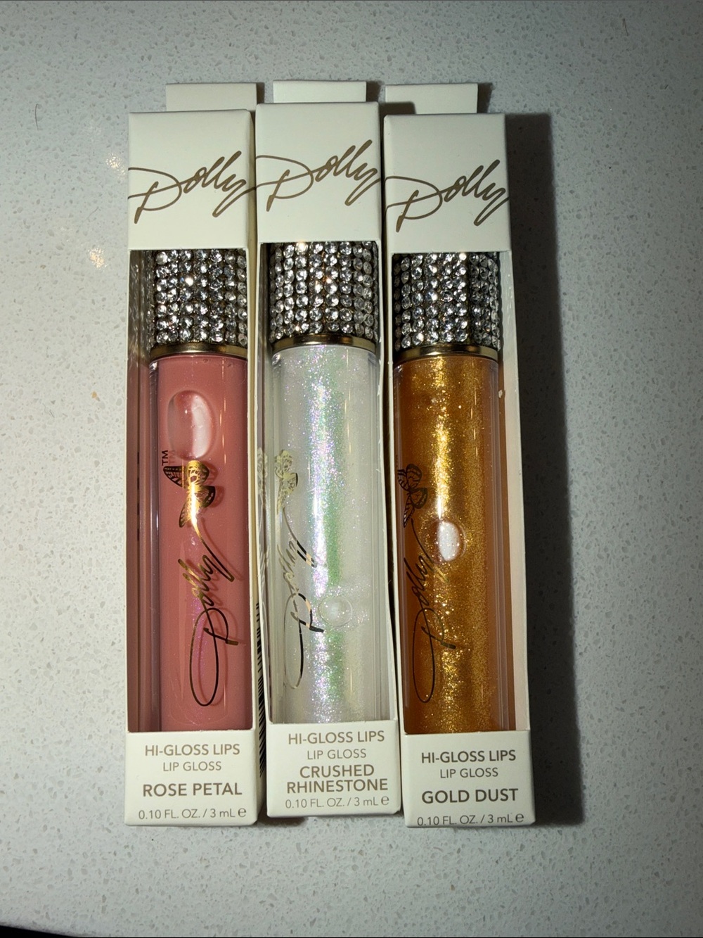 Dolly Hi-Gloss Lip Gloss Trio — Rose Petal, Crushed Rhinestone, Gold Dust